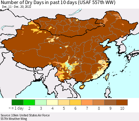China, Mongolia and Taiwan Number of Dry Days in past 10 days (USAF 557th WW) Thematic Map For 12/16/2022 - 12/20/2022