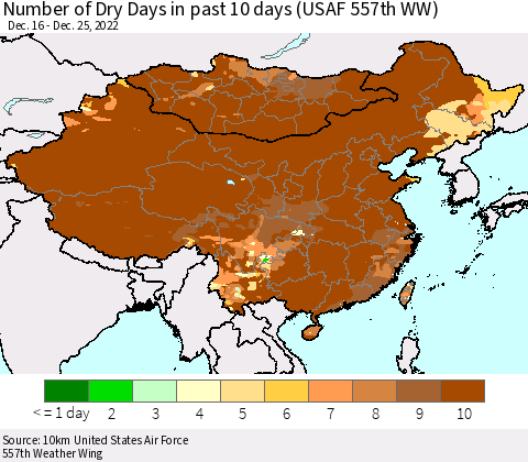 China, Mongolia and Taiwan Number of Dry Days in past 10 days (USAF 557th WW) Thematic Map For 12/21/2022 - 12/25/2022