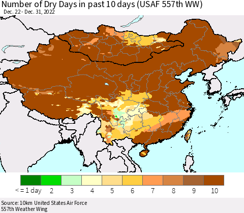 China, Mongolia and Taiwan Number of Dry Days in past 10 days (USAF 557th WW) Thematic Map For 12/26/2022 - 12/31/2022