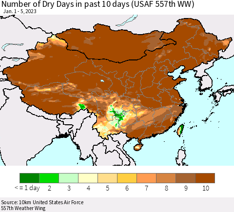 China, Mongolia and Taiwan Number of Dry Days in past 10 days (USAF 557th WW) Thematic Map For 1/1/2023 - 1/5/2023