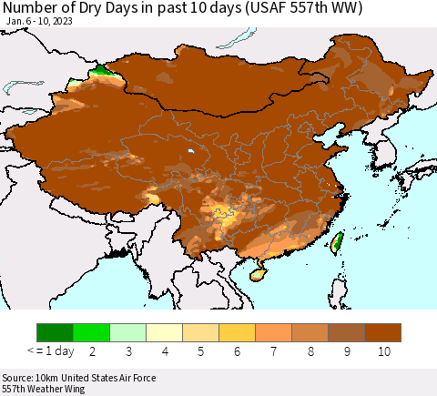 China, Mongolia and Taiwan Number of Dry Days in past 10 days (USAF 557th WW) Thematic Map For 1/6/2023 - 1/10/2023