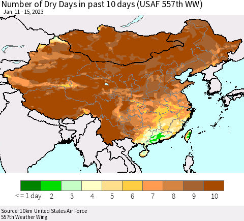 China, Mongolia and Taiwan Number of Dry Days in past 10 days (USAF 557th WW) Thematic Map For 1/11/2023 - 1/15/2023
