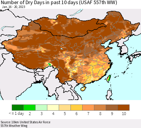 China, Mongolia and Taiwan Number of Dry Days in past 10 days (USAF 557th WW) Thematic Map For 1/16/2023 - 1/20/2023