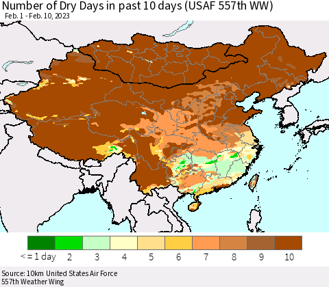 China, Mongolia and Taiwan Number of Dry Days in past 10 days (USAF 557th WW) Thematic Map For 2/6/2023 - 2/10/2023