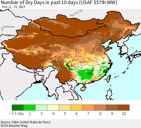 China, Mongolia and Taiwan Number of Dry Days in past 10 days (USAF 557th WW) Thematic Map For 2/11/2023 - 2/15/2023
