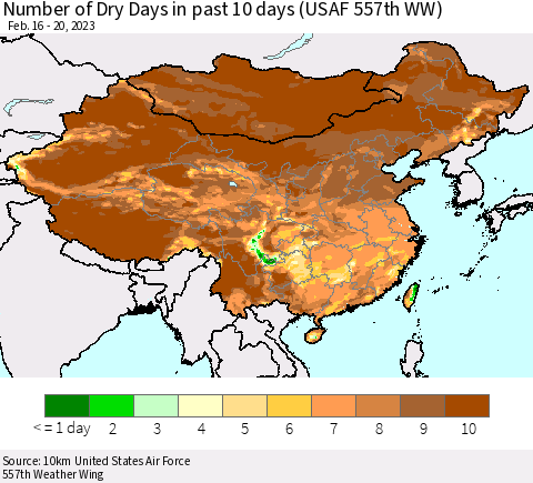 China, Mongolia and Taiwan Number of Dry Days in past 10 days (USAF 557th WW) Thematic Map For 2/16/2023 - 2/20/2023