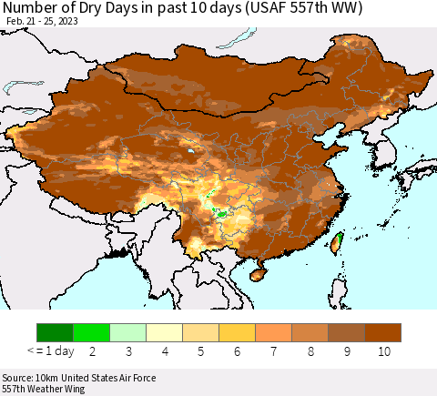 China, Mongolia and Taiwan Number of Dry Days in past 10 days (USAF 557th WW) Thematic Map For 2/21/2023 - 2/25/2023