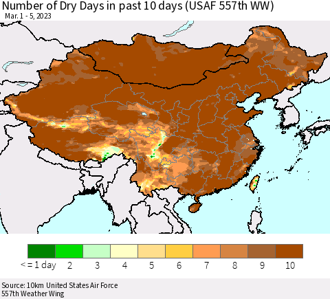 China, Mongolia and Taiwan Number of Dry Days in past 10 days (USAF 557th WW) Thematic Map For 3/1/2023 - 3/5/2023
