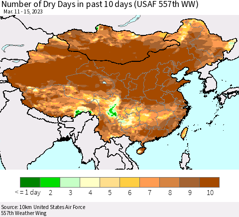 China, Mongolia and Taiwan Number of Dry Days in past 10 days (USAF 557th WW) Thematic Map For 3/11/2023 - 3/15/2023
