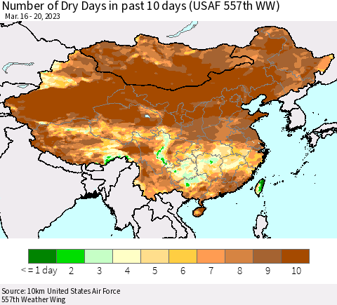 China, Mongolia and Taiwan Number of Dry Days in past 10 days (USAF 557th WW) Thematic Map For 3/16/2023 - 3/20/2023