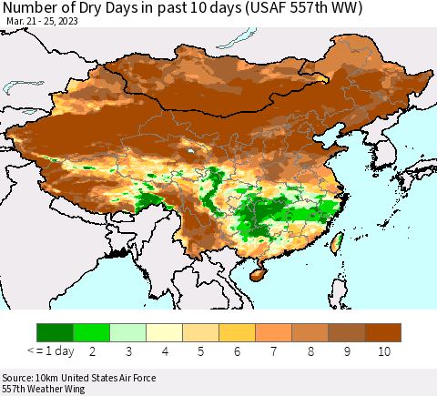 China, Mongolia and Taiwan Number of Dry Days in past 10 days (USAF 557th WW) Thematic Map For 3/21/2023 - 3/25/2023