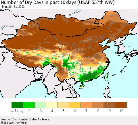 China, Mongolia and Taiwan Number of Dry Days in past 10 days (USAF 557th WW) Thematic Map For 3/26/2023 - 3/31/2023