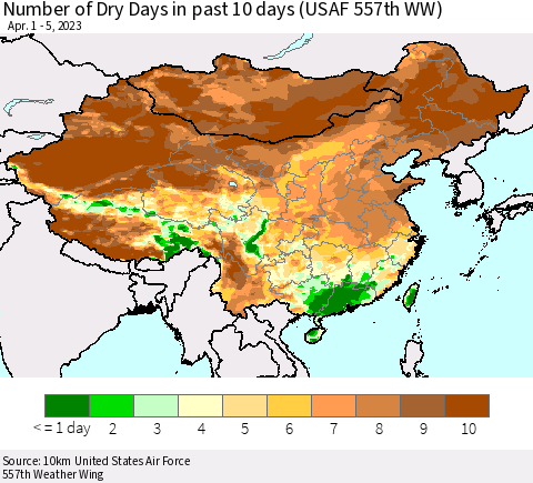 China, Mongolia and Taiwan Number of Dry Days in past 10 days (USAF 557th WW) Thematic Map For 4/1/2023 - 4/5/2023
