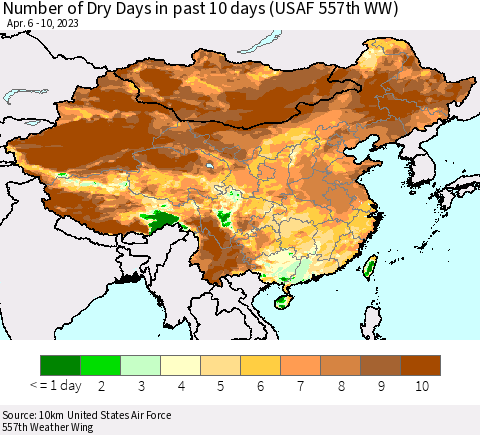 China, Mongolia and Taiwan Number of Dry Days in past 10 days (USAF 557th WW) Thematic Map For 4/6/2023 - 4/10/2023