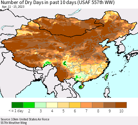 China, Mongolia and Taiwan Number of Dry Days in past 10 days (USAF 557th WW) Thematic Map For 4/11/2023 - 4/15/2023