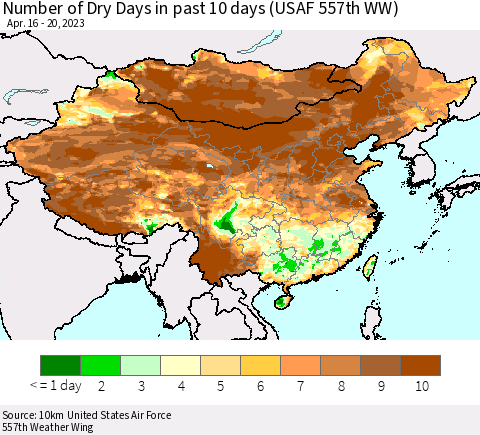 China, Mongolia and Taiwan Number of Dry Days in past 10 days (USAF 557th WW) Thematic Map For 4/16/2023 - 4/20/2023