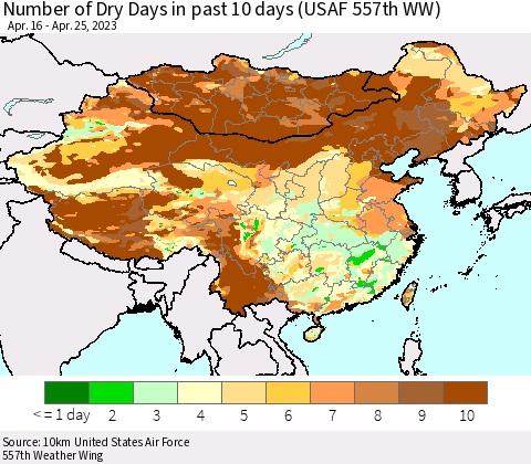 China, Mongolia and Taiwan Number of Dry Days in past 10 days (USAF 557th WW) Thematic Map For 4/21/2023 - 4/25/2023