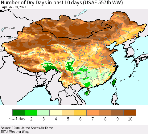 China, Mongolia and Taiwan Number of Dry Days in past 10 days (USAF 557th WW) Thematic Map For 4/26/2023 - 4/30/2023