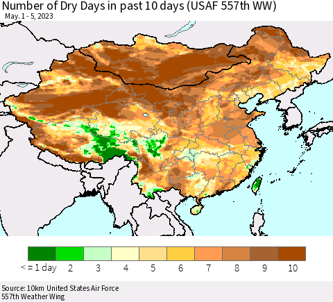 China, Mongolia and Taiwan Number of Dry Days in past 10 days (USAF 557th WW) Thematic Map For 5/1/2023 - 5/5/2023