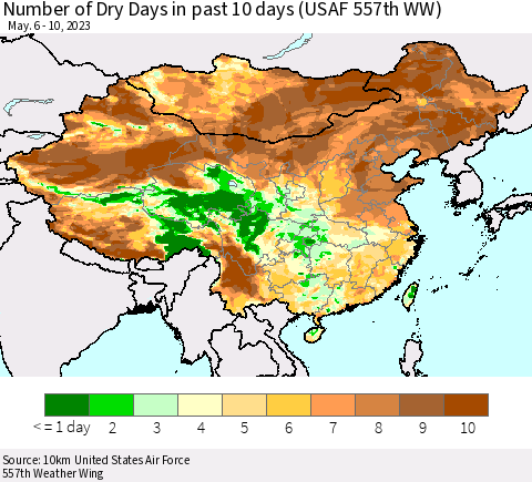 China, Mongolia and Taiwan Number of Dry Days in past 10 days (USAF 557th WW) Thematic Map For 5/6/2023 - 5/10/2023