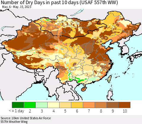 China, Mongolia and Taiwan Number of Dry Days in past 10 days (USAF 557th WW) Thematic Map For 5/11/2023 - 5/15/2023