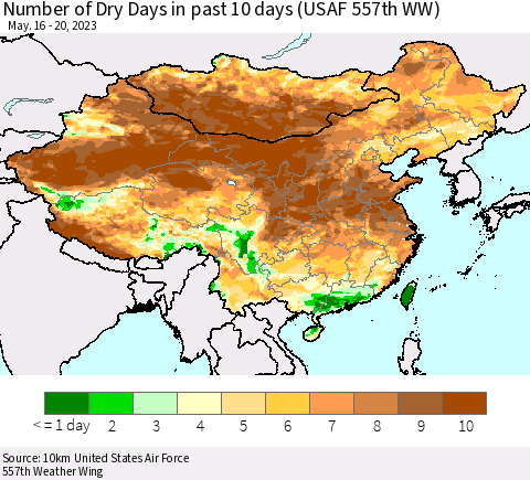 China, Mongolia and Taiwan Number of Dry Days in past 10 days (USAF 557th WW) Thematic Map For 5/16/2023 - 5/20/2023