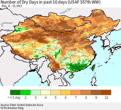 China, Mongolia and Taiwan Number of Dry Days in past 10 days (USAF 557th WW) Thematic Map For 5/21/2023 - 5/25/2023