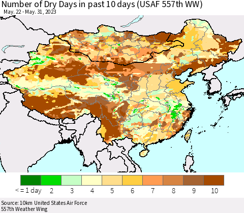 China, Mongolia and Taiwan Number of Dry Days in past 10 days (USAF 557th WW) Thematic Map For 5/26/2023 - 5/31/2023