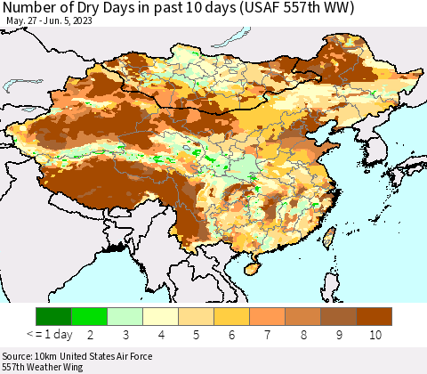 China, Mongolia and Taiwan Number of Dry Days in past 10 days (USAF 557th WW) Thematic Map For 6/1/2023 - 6/5/2023