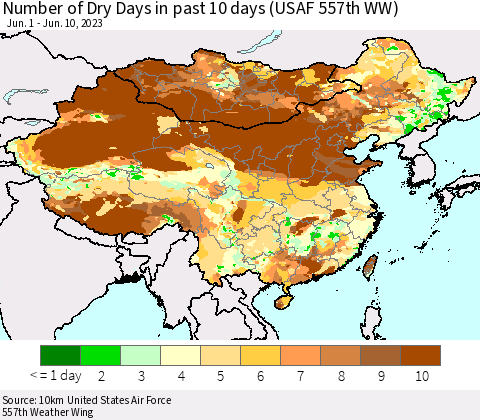 China, Mongolia and Taiwan Number of Dry Days in past 10 days (USAF 557th WW) Thematic Map For 6/6/2023 - 6/10/2023