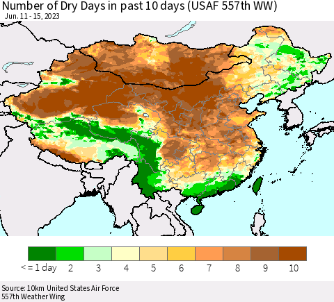 China, Mongolia and Taiwan Number of Dry Days in past 10 days (USAF 557th WW) Thematic Map For 6/11/2023 - 6/15/2023