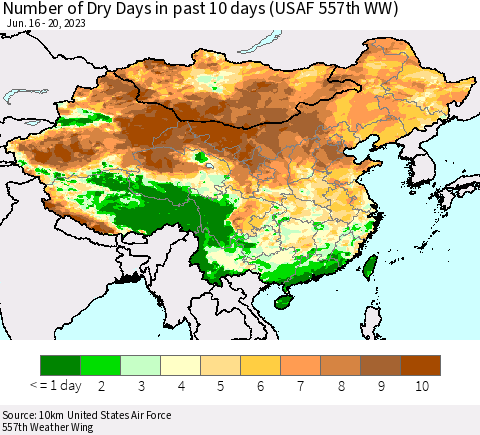 China, Mongolia and Taiwan Number of Dry Days in past 10 days (USAF 557th WW) Thematic Map For 6/16/2023 - 6/20/2023