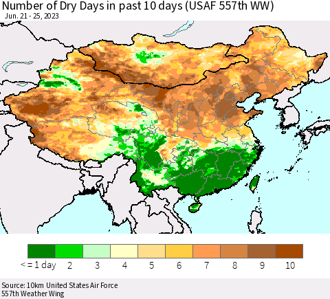 China, Mongolia and Taiwan Number of Dry Days in past 10 days (USAF 557th WW) Thematic Map For 6/21/2023 - 6/25/2023