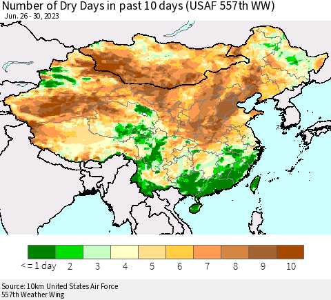 China, Mongolia and Taiwan Number of Dry Days in past 10 days (USAF 557th WW) Thematic Map For 6/26/2023 - 6/30/2023