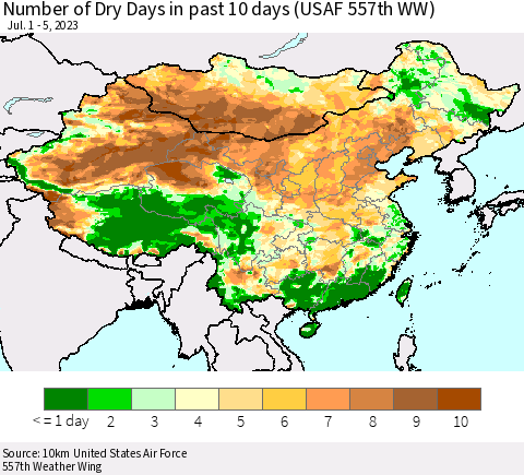 China, Mongolia and Taiwan Number of Dry Days in past 10 days (USAF 557th WW) Thematic Map For 7/1/2023 - 7/5/2023