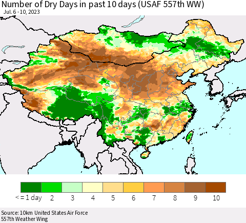 China, Mongolia and Taiwan Number of Dry Days in past 10 days (USAF 557th WW) Thematic Map For 7/6/2023 - 7/10/2023