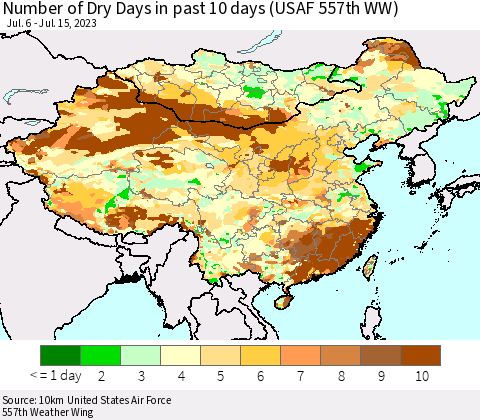 China, Mongolia and Taiwan Number of Dry Days in past 10 days (USAF 557th WW) Thematic Map For 7/11/2023 - 7/15/2023