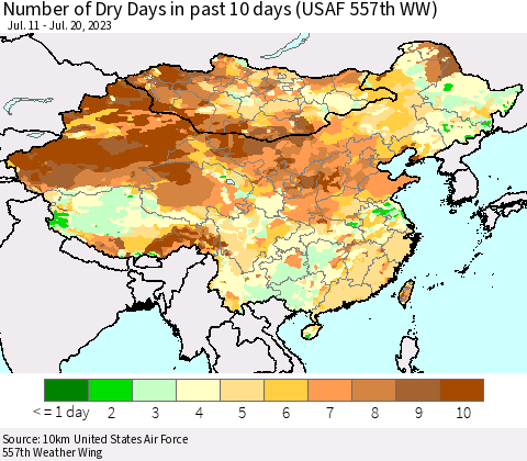 China, Mongolia and Taiwan Number of Dry Days in past 10 days (USAF 557th WW) Thematic Map For 7/16/2023 - 7/20/2023
