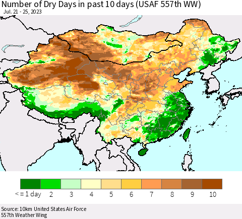 China, Mongolia and Taiwan Number of Dry Days in past 10 days (USAF 557th WW) Thematic Map For 7/21/2023 - 7/25/2023