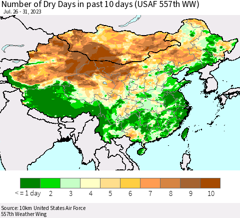 China, Mongolia and Taiwan Number of Dry Days in past 10 days (USAF 557th WW) Thematic Map For 7/26/2023 - 7/31/2023