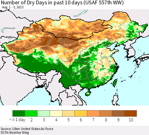 China, Mongolia and Taiwan Number of Dry Days in past 10 days (USAF 557th WW) Thematic Map For 8/1/2023 - 8/5/2023