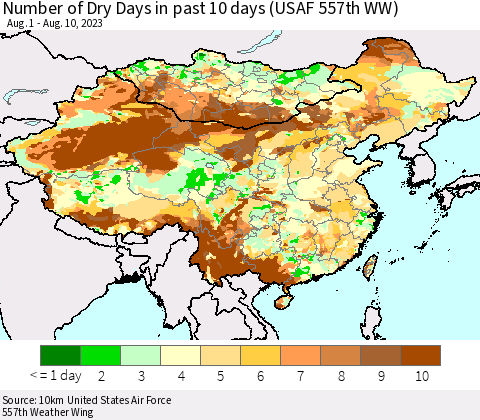 China, Mongolia and Taiwan Number of Dry Days in past 10 days (USAF 557th WW) Thematic Map For 8/6/2023 - 8/10/2023