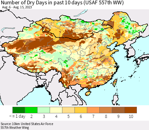 China, Mongolia and Taiwan Number of Dry Days in past 10 days (USAF 557th WW) Thematic Map For 8/11/2023 - 8/15/2023