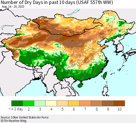 China, Mongolia and Taiwan Number of Dry Days in past 10 days (USAF 557th WW) Thematic Map For 8/16/2023 - 8/20/2023