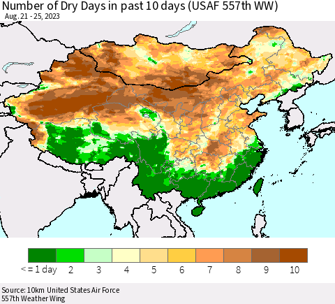 China, Mongolia and Taiwan Number of Dry Days in past 10 days (USAF 557th WW) Thematic Map For 8/21/2023 - 8/25/2023
