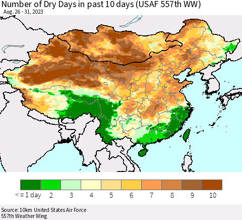 China, Mongolia and Taiwan Number of Dry Days in past 10 days (USAF 557th WW) Thematic Map For 8/26/2023 - 8/31/2023