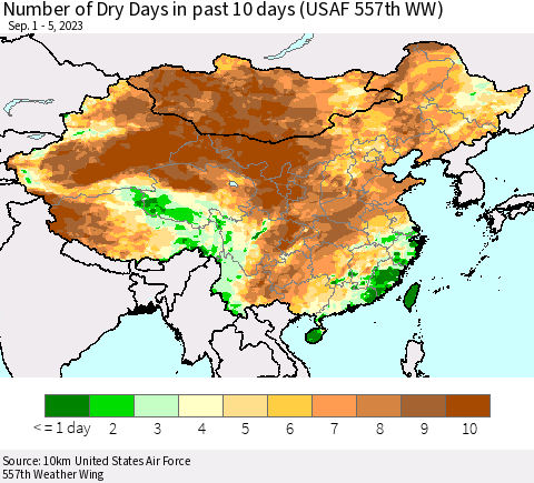 China, Mongolia and Taiwan Number of Dry Days in past 10 days (USAF 557th WW) Thematic Map For 9/1/2023 - 9/5/2023