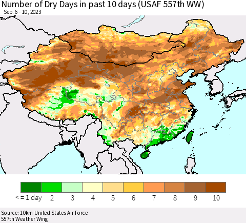 China, Mongolia and Taiwan Number of Dry Days in past 10 days (USAF 557th WW) Thematic Map For 9/6/2023 - 9/10/2023
