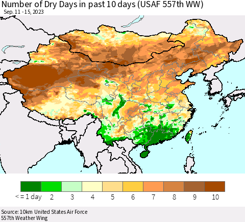 China, Mongolia and Taiwan Number of Dry Days in past 10 days (USAF 557th WW) Thematic Map For 9/11/2023 - 9/15/2023