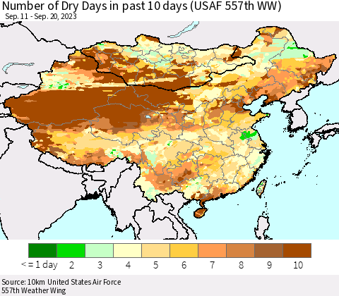 China, Mongolia and Taiwan Number of Dry Days in past 10 days (USAF 557th WW) Thematic Map For 9/16/2023 - 9/20/2023